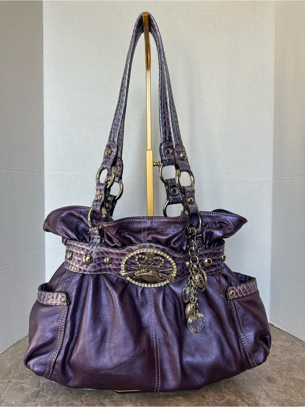 Kathy Van Zeeland Metallic Purple Crown McBling Shoulder Bag Y2K Edgy Grunge